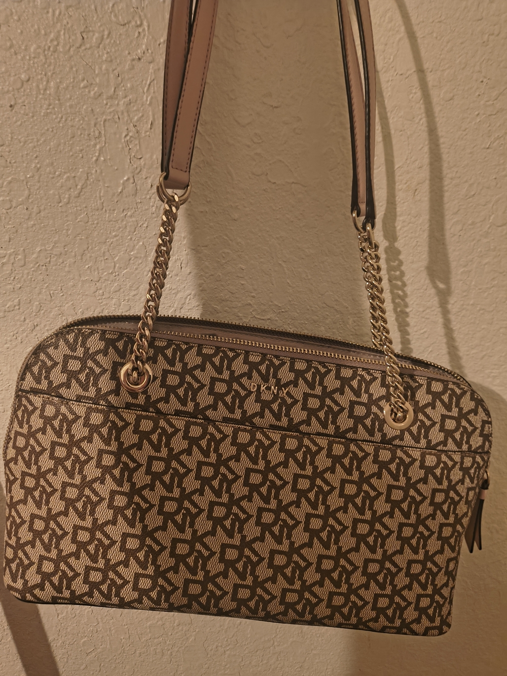 DKNY Beige and Brown Monogram Shoulder Bag with Gold Chain Straps